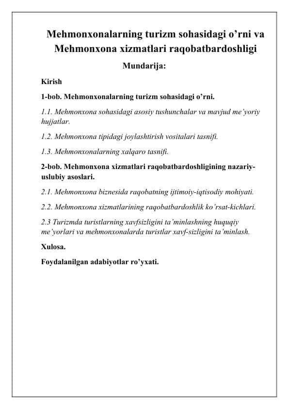 Меhmonxonalarning turizm sohasidagi o’rni va Mehmonxona xizmatlari raqobatbardoshligi