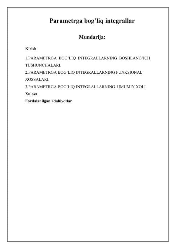 Parametrga bog’liq integrallar