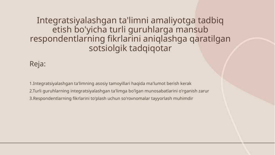 Integratsiyalashgan ta'limni amaliyotga tadbiq etish bo'yicha turli guruhlarga mansub respondentlarning fikrlarini aniqlashga qaratilgan sotsiolgik tadqiqotar