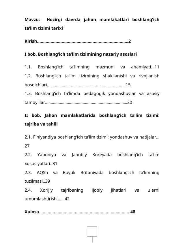 Hozirgi davrda jahon mamlakatlari boshlang’ich ta’lim tizimi tarixi