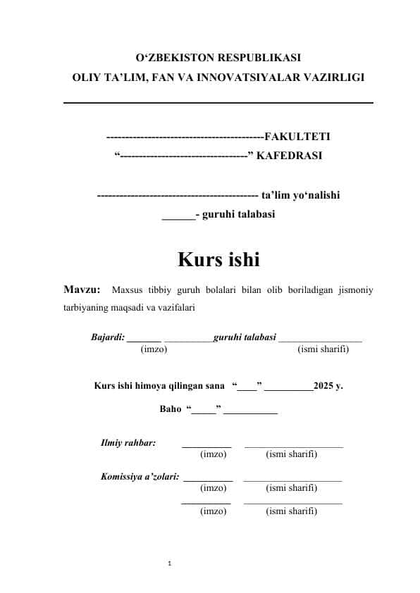 Maxsus tibbiy guruh bolalari bilan olib boriladigan jismoniy tarbiyaning maqsadi va vazifalari KURS ISHI Maxsus tibbiy guruh bolalarida uchraydigan sog‘liq muammolari va ularning jismoniy rivojlanishga ta’siri