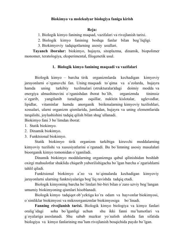 Biokimyo va molekulyar biologiya faniga kirish