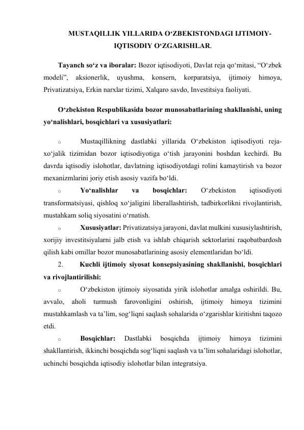 MUSTAQILLIK YILLARIDA O‘ZBEKISTONDAGI IJTIMOIY-IQTISODIY O‘ZGARISHLAR.
