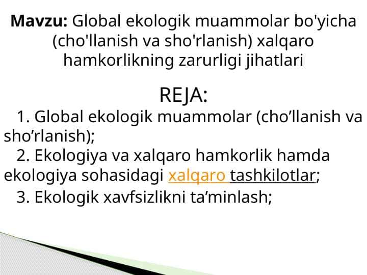 Global ekologik muammolar bo'yicha ( cho'llanish va sho'rlanish ) xalqaro hamkorlikning zarurligi jihatlari