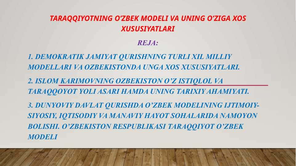 TAraqqiyotning o’zbek modeli va uning o’ziga xos xususiyatlari