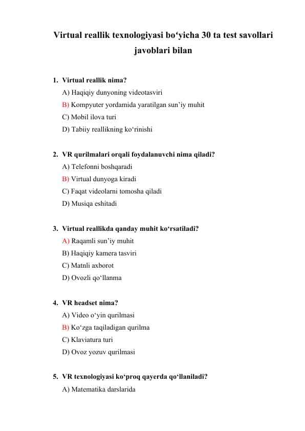 Virtual reallik texnologiyasi boʻyicha 30 ta test savollari javoblari bilan