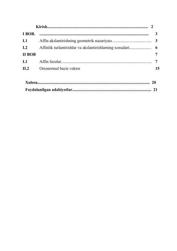 Affin akslantirishning geometrik nazaryasi mavzusida kurs ishi