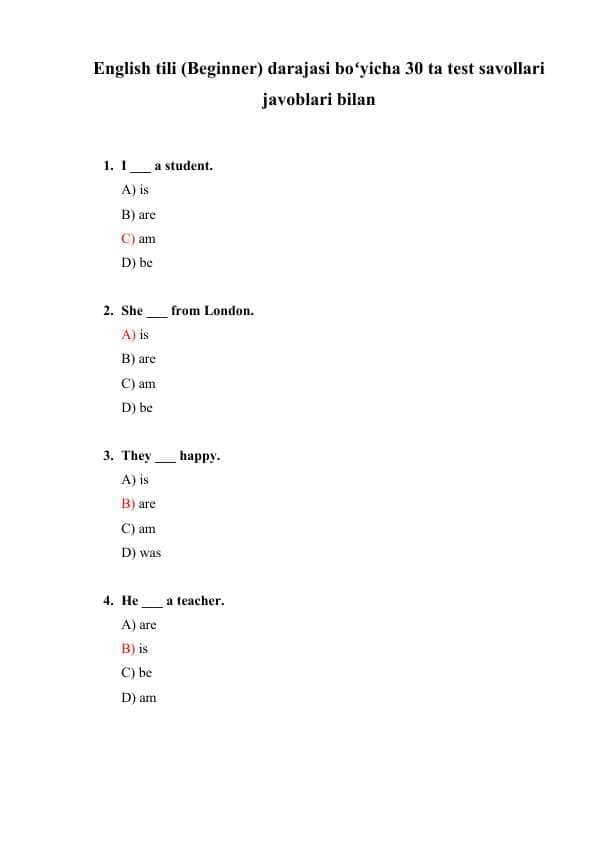 English tili (Beginner) darajasi boʻyicha 30 ta test savollari javoblari bilan