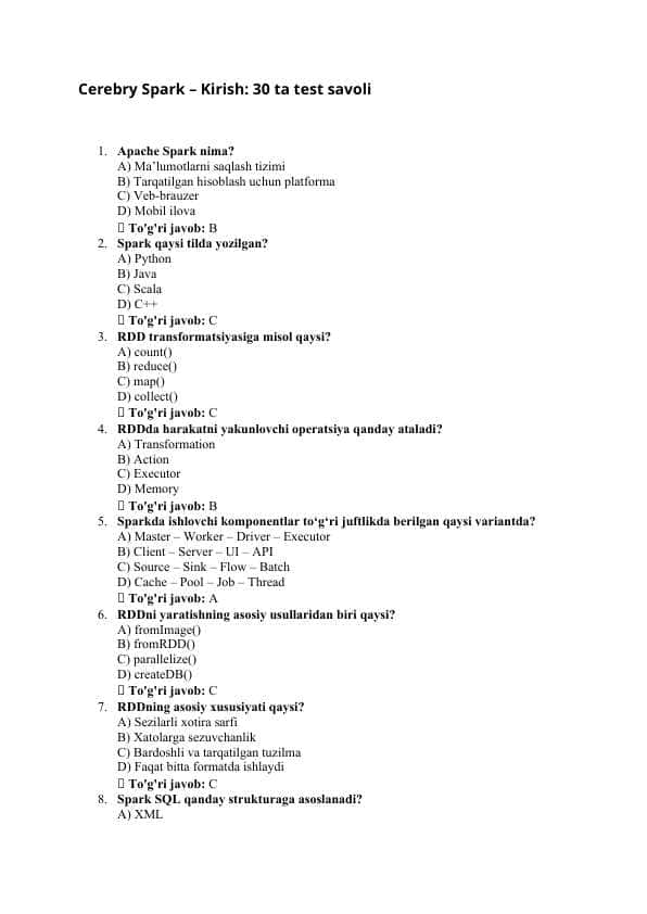 Cerebry Spark – Kirish: 30 ta test savoli