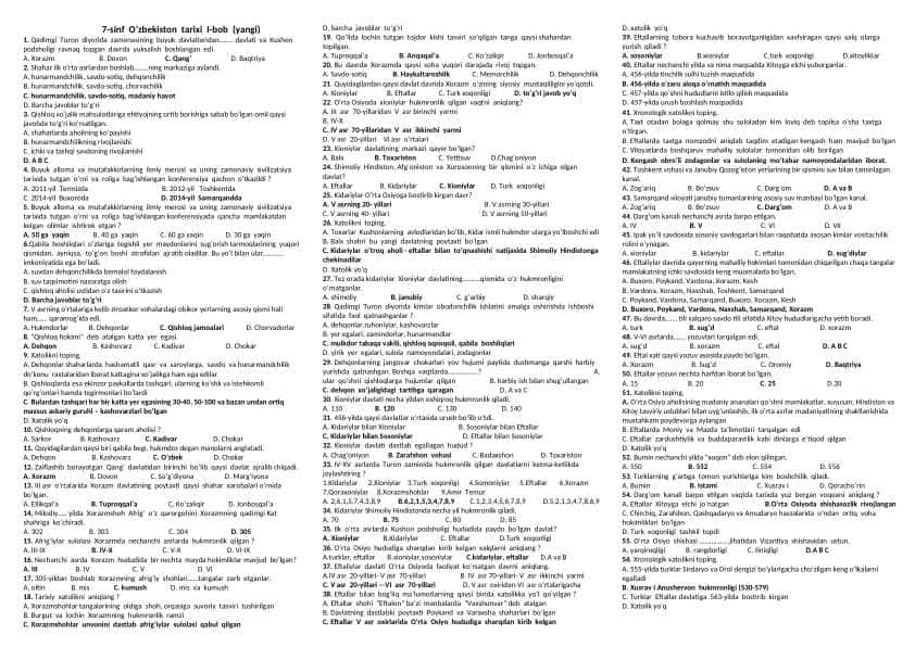 7-sinf O'zbekiston tarixi mavzulashtirilgan testlar to'plami