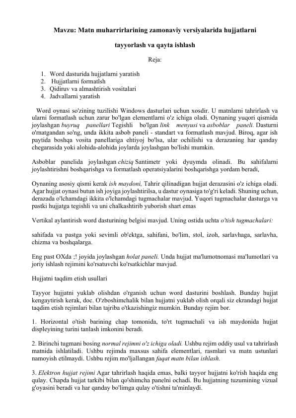 Matn muharrirlarining zamonaviy versiyalarida hujjatlarni tayyorlash va qayta ishlash