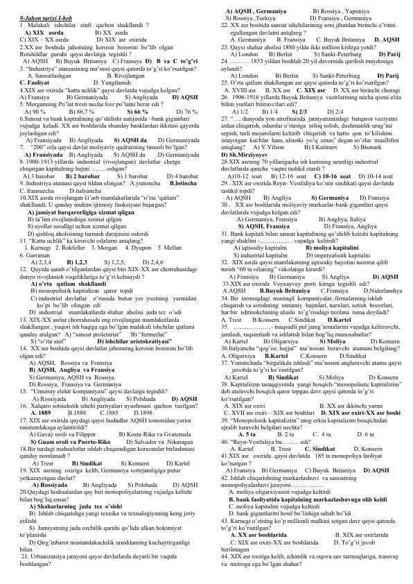 9-sinf Jahon tarixi test savollari to'plami