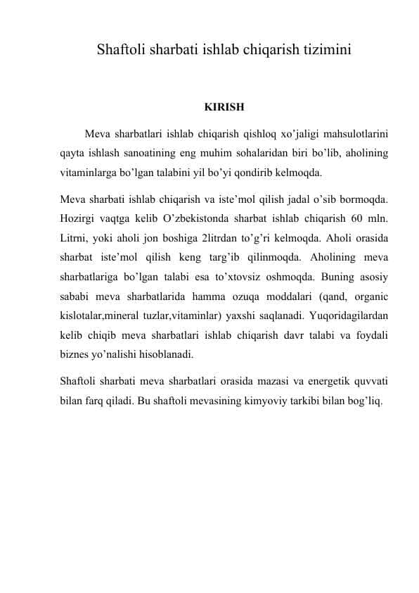 Shaftoli sharbati ishlab chiqarish tizimini