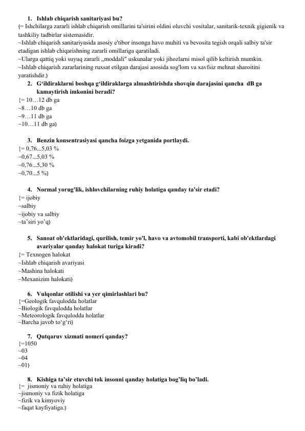 Hayot faoliyati xavfsizligi fanidan yakuniy test javoblari pptx