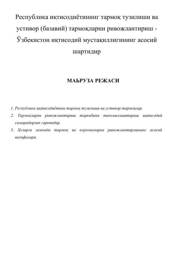 Республика иқтисодиётининг тармоқ тузилиши ва устивор (базавий) тармоқларни ривожлантириш - Ўзбекистон иқтисодий мустақиллигининг асосий шартидир