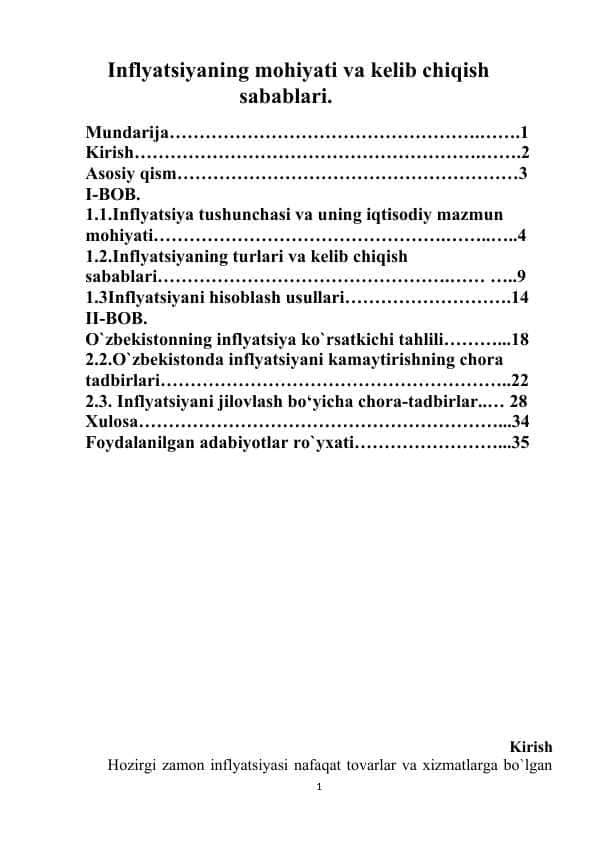 Inflyatsiyaning mohiyati va kelib chiqish sabablari.