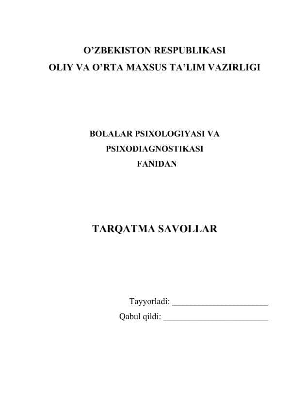 Nutq faoliyati va ixtiyoriy xulq-atvor rivojlanishi Tarqatma savollar (10 ta)