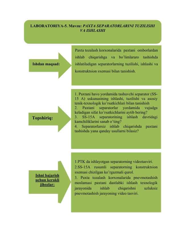 PAXTA SEPARATORLARINI TUZILISHI VA ISHLASHI