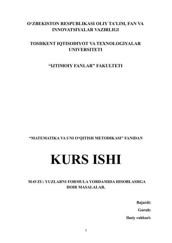 MAVZU: YUZLARNI FORMULA YORDAMIDA HISOBLASHGA DOIR MASALALAR.