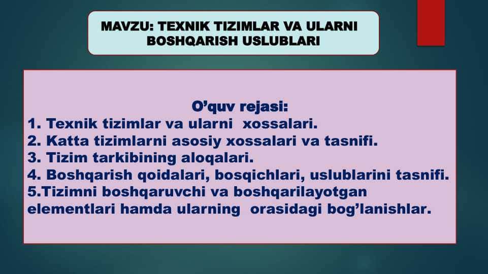 TEXNIK TIZIMLAR VA ULARNI BOSHQARISH USLUBLARI