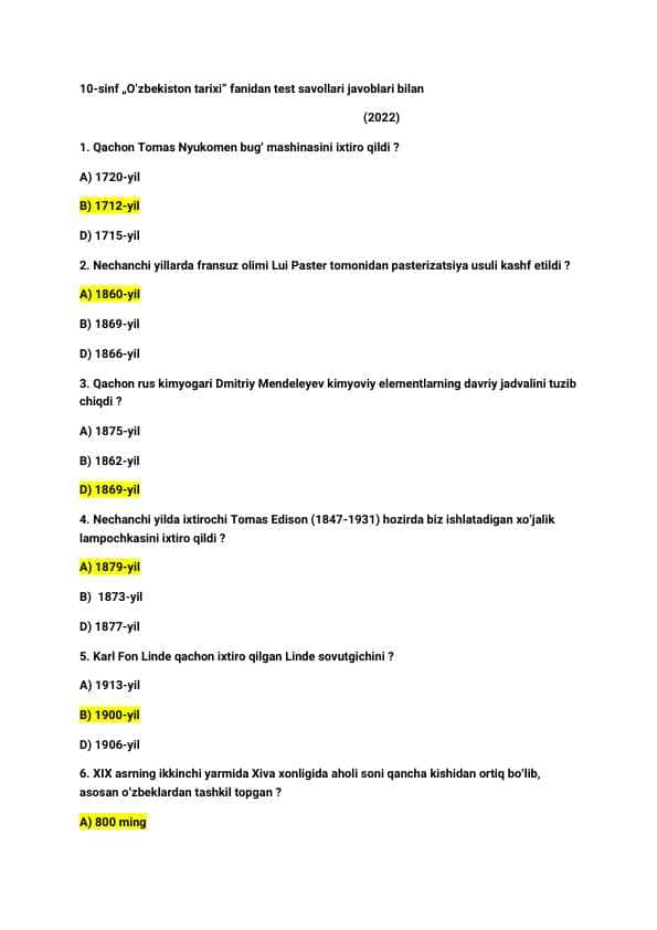 10-sinf / „Oʻzbekiston tarixi” fanidan / test savollari / javoblari bilan (2022) / 25 ta test