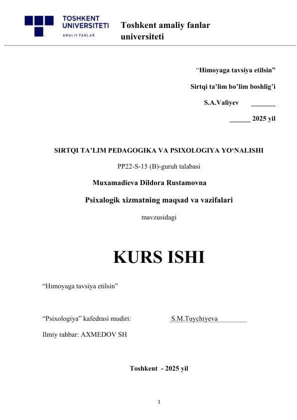 psixalogik xizmatning maqsad va vazifalari