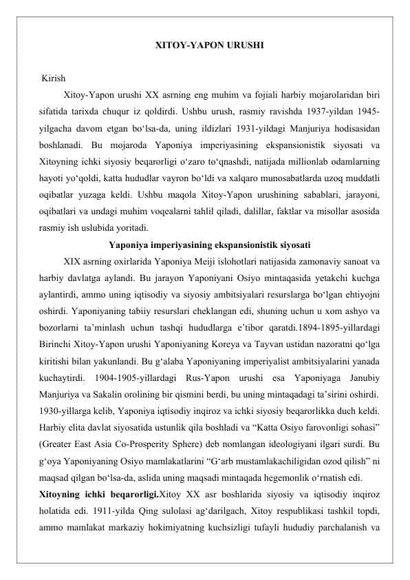 XITOY-YAPON URUSHI Ma'lumotnoma
