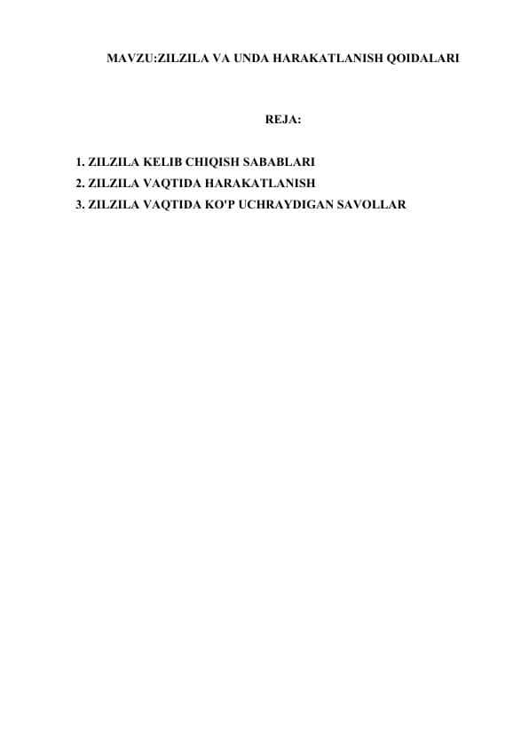 ZILZILA VA UNDA HARAKATLANISH QOIDALARI