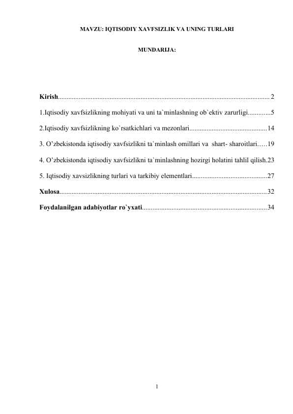 IQTISODIY XAVFSIZLIK VA UNING TURLARI