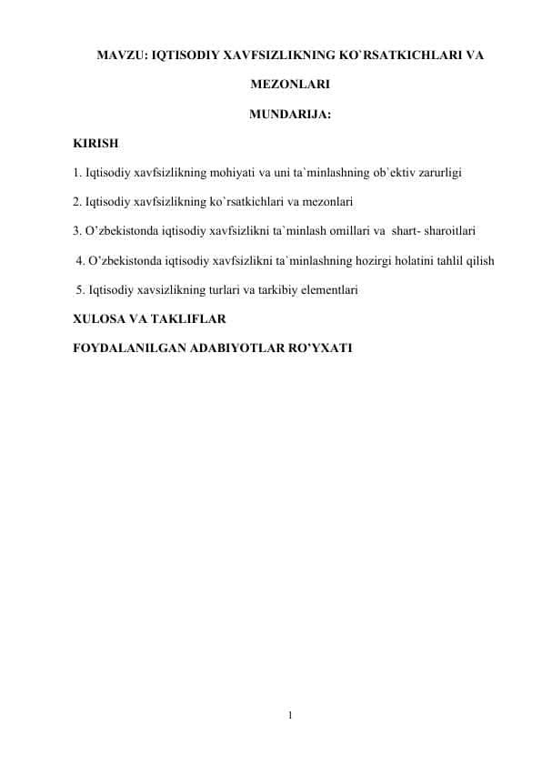 IQTISODIY XAVFSIZLIKNING KO`RSATKICHLARI VA MEZONLARI