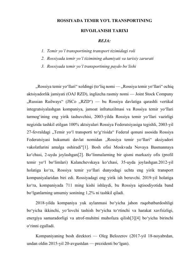 ROSSIYADA TEMIR YO'L TRANSPORTINING RIVOJLANISH TARIXI