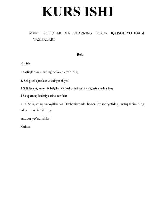 SOLIQLAR VA ULARNING BOZOR IQTISODIYOTIDAGI VAZIFALARI