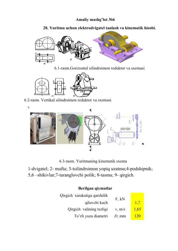 Yuritma uchun elektrodvigatel tanlash va kinematik hisobi.