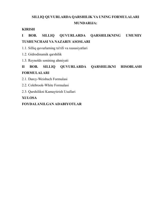 SILLIQ QUVURLARDA QARSHILIK VA UNING FORMULALARI