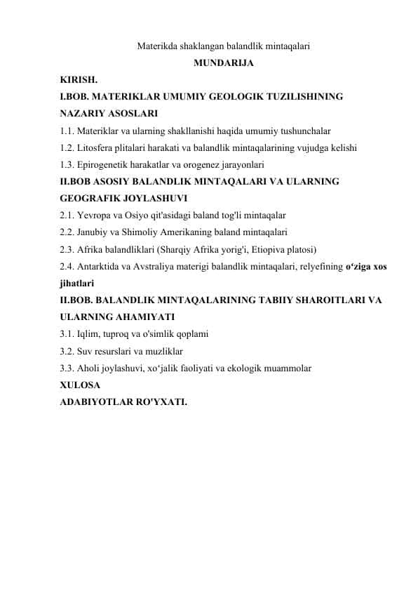 Materikda shaklangan balandlik mintaqalari