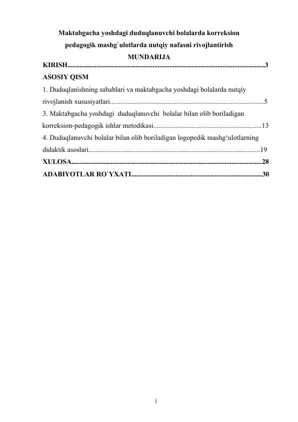 Maktabgacha yoshdagi duduqlanuvchi bolalarda korreksion pedagogik mashg`ulotlarda nutqiy nafasni rivojlantirish