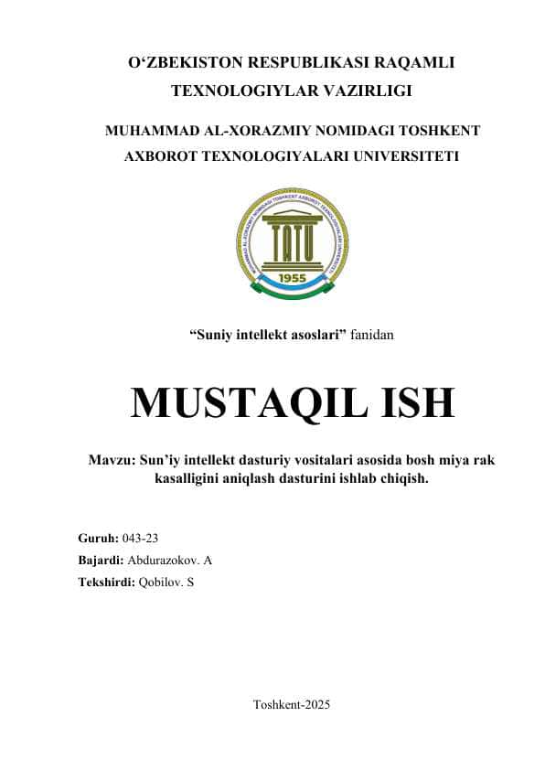 Sun’iy intellekt dasturiy vositalari asosida bosh miya rak kasalligini aniqlash dasturini ishlab chiqish