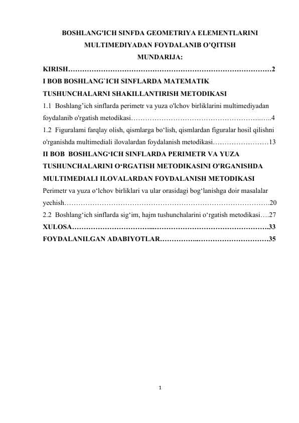 BOSHLANG'ICH SINFDA GEOMETRIYA ELEMENTLARINI MULTIMEDIYADAN FOYDALANIB O’QITISH