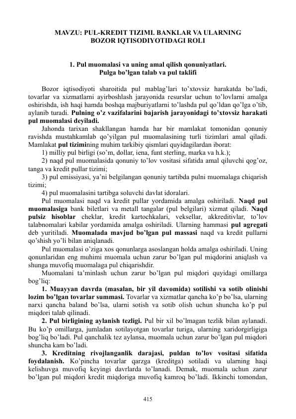 PUL-KRЕDIT TIZIMI. BANKLAR VA ULARNING BOZOR IQTISODIYOTIDAGI ROLI