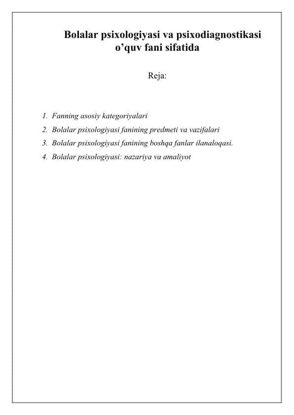 Bolalar psixologiyasi va psixodiagnostikasi o’quv fani sifatida