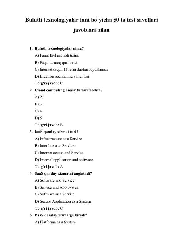 Bulutli texnologiyalar bo'yicha 50 ta test savollari javoblari bilan