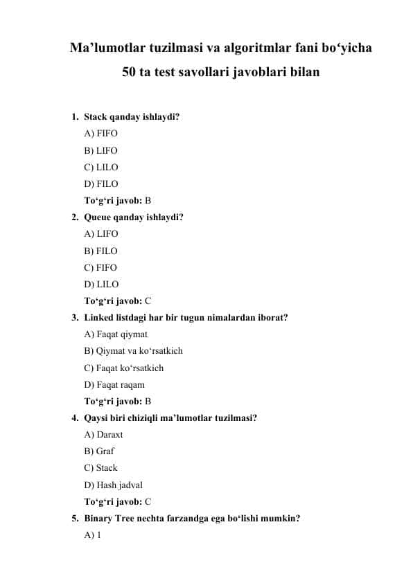 Ma'lumotlar tuzilmasi va algoritmlar fani bo'yicha 50 ta test savollari javoblari bilan