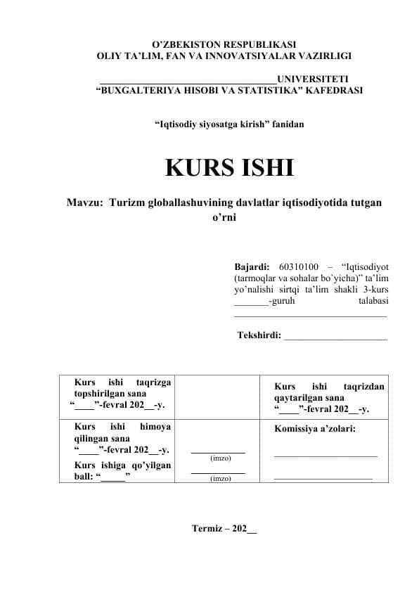 Turizm globallashuvining davlatlar iqtisodiyotida tutgan o’rni