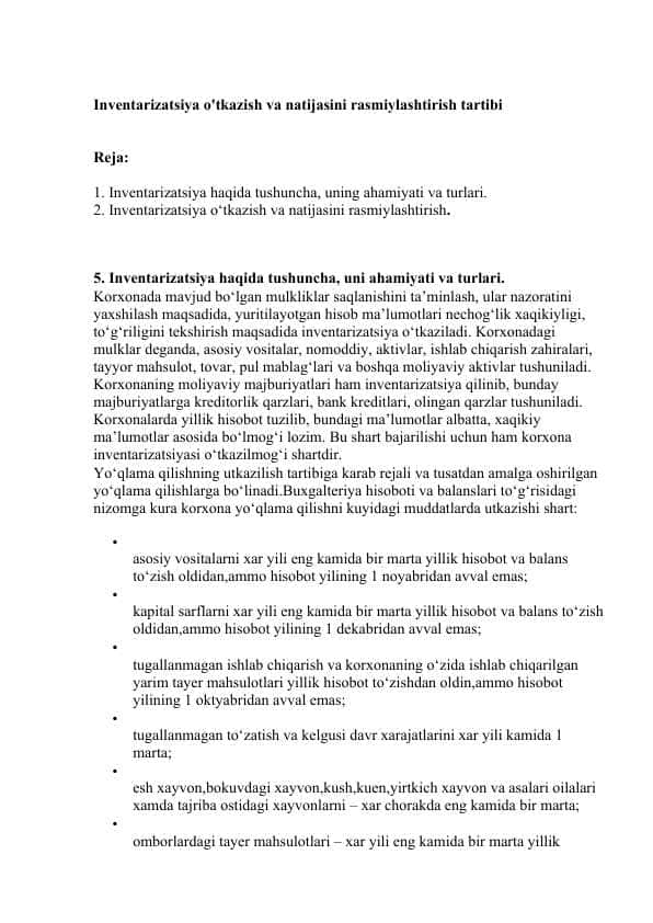 Inventarizatsiya o'tkazish va natijasini rasmiylashtirish tartibi