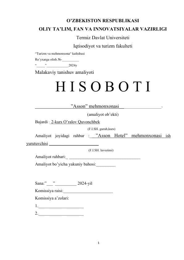Termiz shahar Asson hotel amaliyot hisoboti