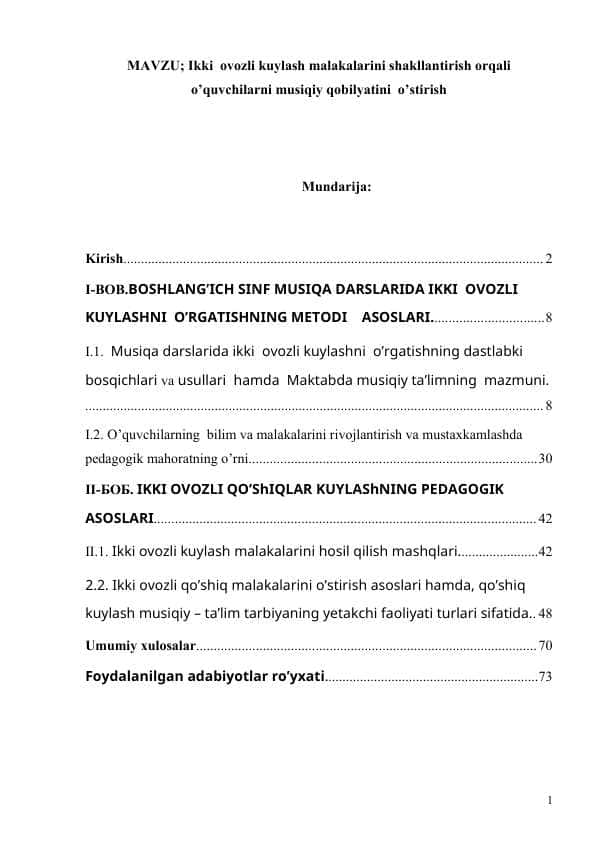 Ikki ovozli kuylash malakalarini shakllantirish orqali o’quvchilarni musiqiy qobilyatini o’stirish