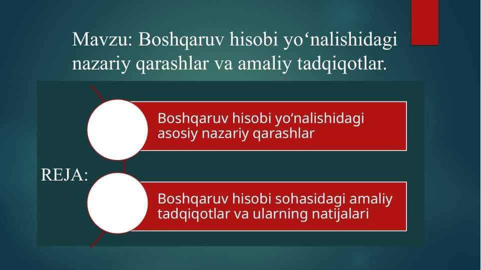 Mavzu: Boshqaruv hisobi yoʻnalishidagi nazariy qarashlar va amaliy tadqiqotlar..