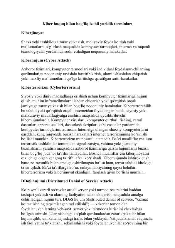 Kiber jinoyat bilan bog'liq yuridik atamalar