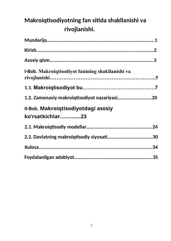 Makroiqtisodiyotning fan sitida shakllanishi va rivojlanishi.