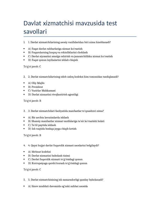 Davlat xizmatchisi mavzusida test savollari
